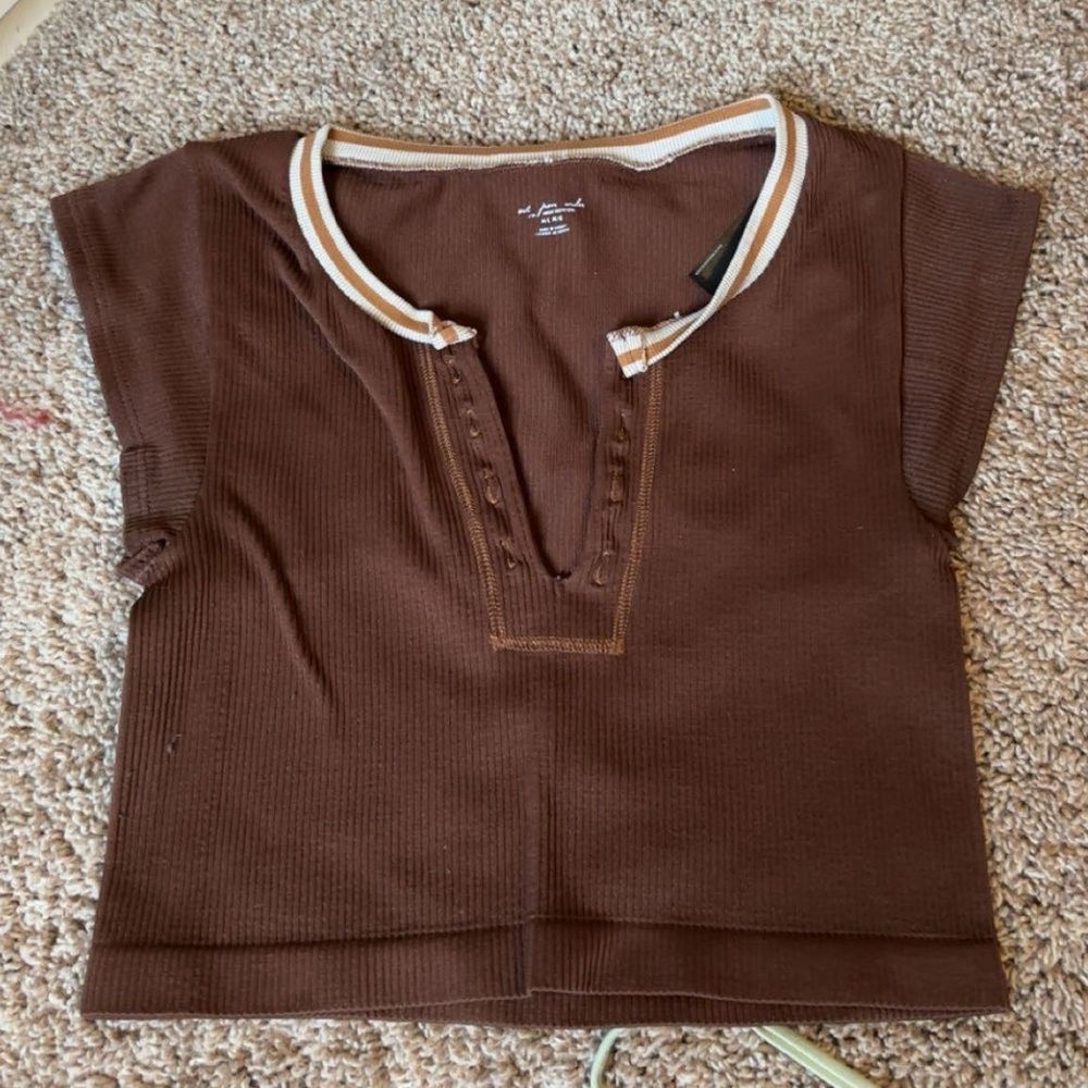 Urban Outfitters Brown Ribbed Top with White Trim